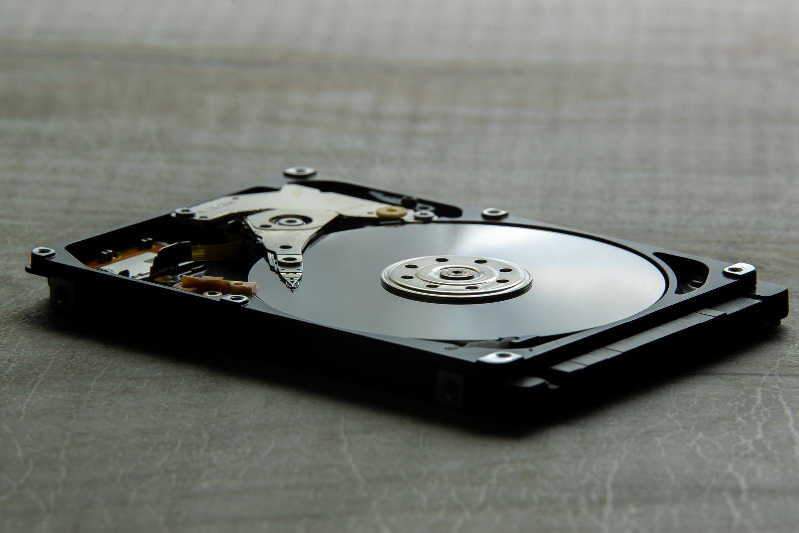 An open hard disk drive showing its internal components